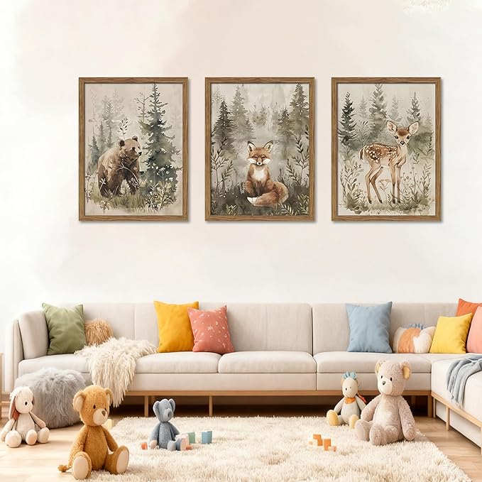 Framed Woodland Wall Art Nursery Decor Set of 3, Cute Wild Animals Bear Fox Deer Canvas Wall Art, Nature Watercolor Prints, Animal Pictures Wall Decor for Baby Room Kids Bedroom – 12x16 inch