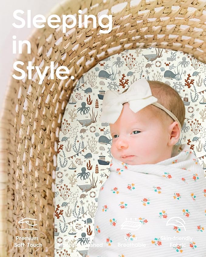 Bassinet Sheets for Baby Boy Girl, TotBasic Buttery Soft Universal Bassinet Fitted Sheet, Compatible with Halo, Mika Micky, Baby Delight, Dream On Me, Maxi COSI and More Bassinet Mattress(Dino&Whale)