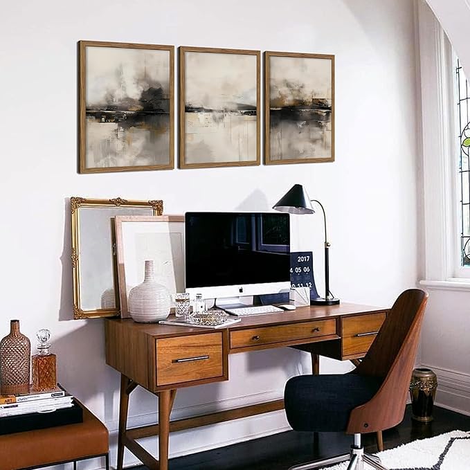 Neutral Abstract Wall Art Set of 3, Modern Black Brown Abstract Wall Decor Paintings, Minimalist Beige Textured Prints Pictures for Living Room Bedroom Office Home Decor 12x16 Inch Wood Framed