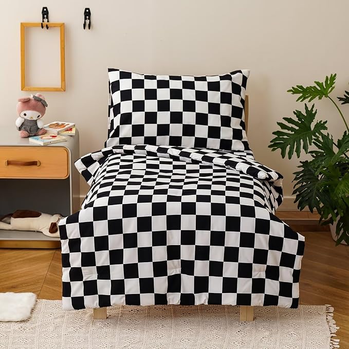 CLOTHKNOW 4 Pieces Plaid Toddler Bedding Sets for Boys Grils, Black White Grid Pattern, Soft Crib Bed Set Including Comforter, Flat Sheet, Fitted Sheet and Pillowcase, Black White