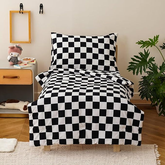 CLOTHKNOW 4 Pieces Plaid Toddler Bedding Sets for Boys Grils, Black White Grid Pattern, Soft Crib Bed Set Including Comforter, Flat Sheet, Fitted Sheet and Pillowcase, Black White