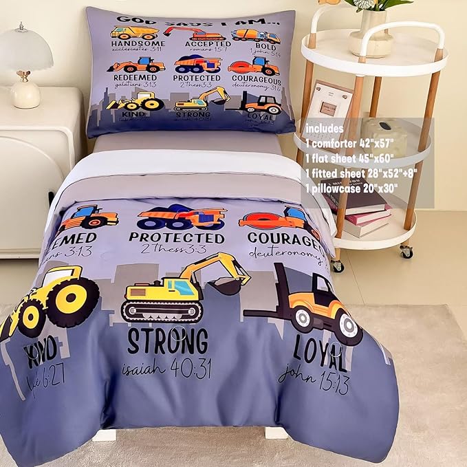 4 Piece Toddler Bedding Set for Boys,Cars Construction Toddler Bed Comforter Set Includes Comforter,Flat Sheet,Fitted Sheet and Pillowcase,Christan Trucks Tractors Bed in A Bag for Kids Bedroom
