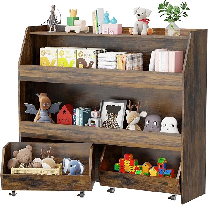 COZPAW Toy Storage Organizer, 3 Tier Montessori Shelf with Movable Bins, Toy Organizers Book Shelf for Kids Room, Playroom, Nursery (Brown)