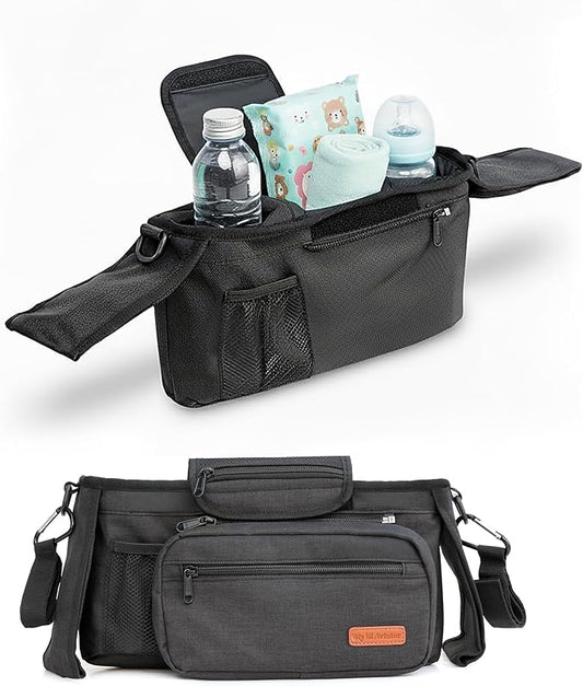 My lil Aviator Universal Stroller Organizer Bag with 2 Insulated Cup Holder, Durable Detachable Phone Bag and Shoulder Strap – Fits for Pet Stroller Caddy, Uppababy, Baby Jogger, Britax, Doona, Nuna