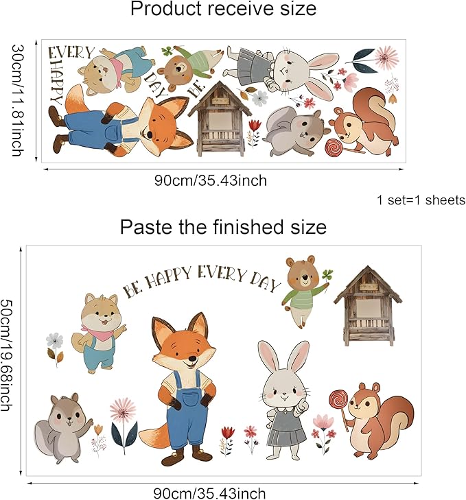 PQQIEE Woodland Animal Wall Decals, Be Happy Every Day Nursery Wall Stickers, Fox Rabbit Bear Squirrel Design, 35.43x19.68 Inch, Kids Room Decor