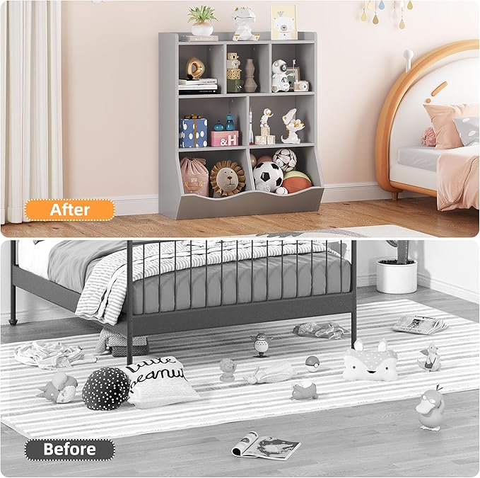 GarveeHome Grey Toy Storage Cabinet, Three-Tier Kids Bookshelf and Bookcase for Storage Books and Toys, Multi Shelf with Cubby Organizer for Bedroom and Playroom