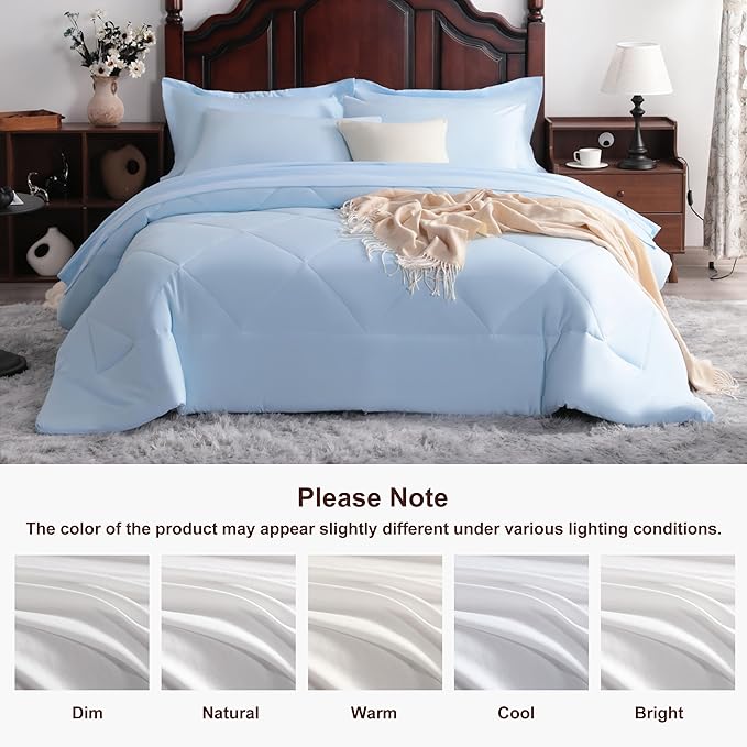 NTBAY Queen Comforter Set with Sheets, 7 Pieces Soft and Breathable Queen Bedding Set, Bed in a Bag, Down Alternative Comforter Set Solid Color All Season, Queen Bedding Set, Aqua