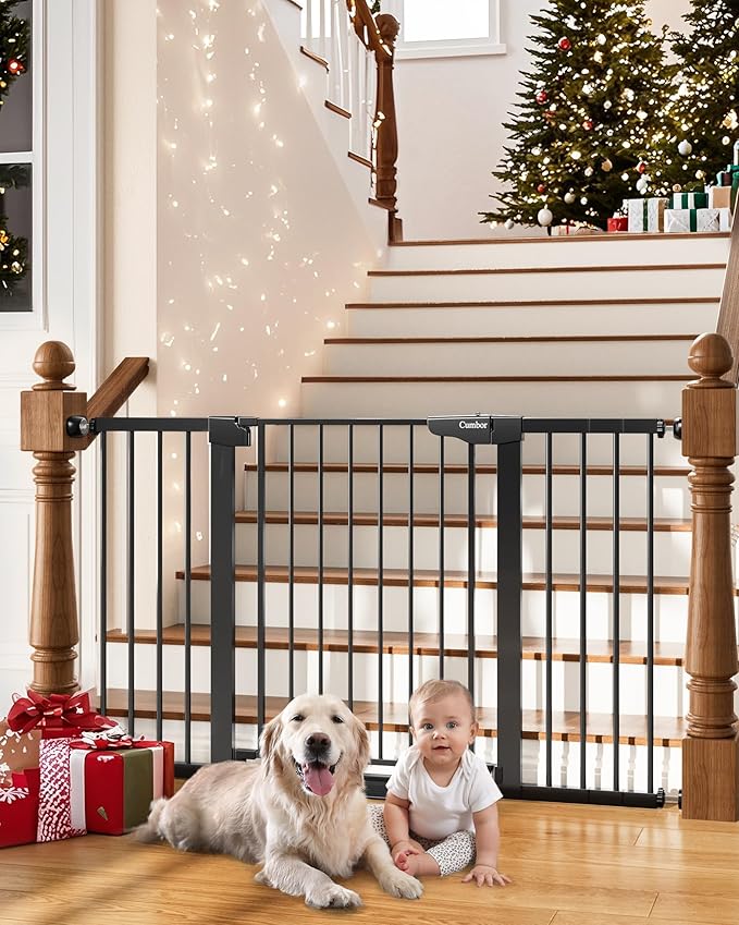 Cumbor 29.7-54.2" Wide Baby Gate for Stairs, Mom's Choice Awards Winner-Self Closing Dog Gate Indoor for Doorways, No Drilling Pressure Mounted Pet Gates for Kids, Easy Walk Through Safety Gate, Black
