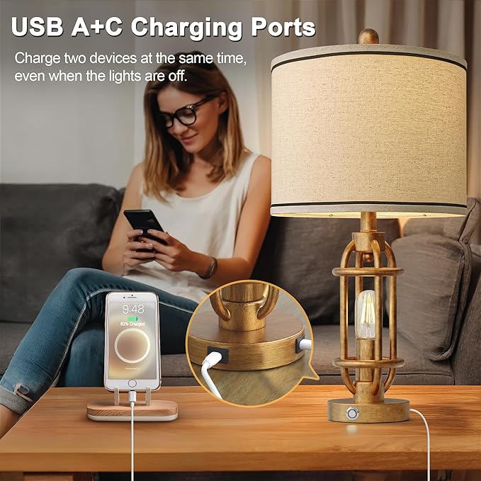 G-SAFAVA 23.75'' Table Lamps Set of 2 for Living Room Bedroom Industrial Farmhouse Metal Touch Lamps with USB A+C Ports, Night Light Vintage Nightstand Bedside Lamp, Bulbs Included, Antique Gold