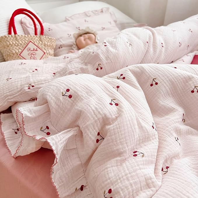 BuLuTu Crib Bedding Duvet Cover for Boys Girls Cotton Muslin Baby Crib Duvet Cover Nursery Bed Decoration Gift, 47"x59", Cherry Print (No Pillowcases)
