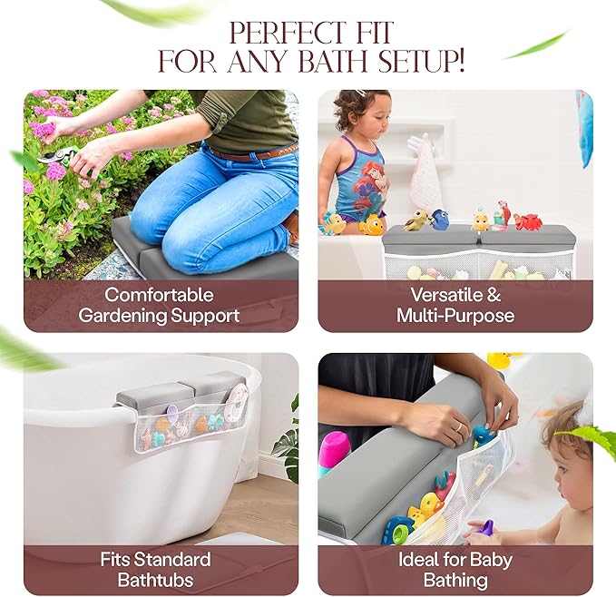 Baby Bath Kneeler & Elbow Rest Pad Set | Extra Thick 1.5” Foam That Relieves Knee & Elbow Pressure | Non-Slip Suction Stability | Machine Washable, Quick-Dry | Brush & Washcloth Gift Included