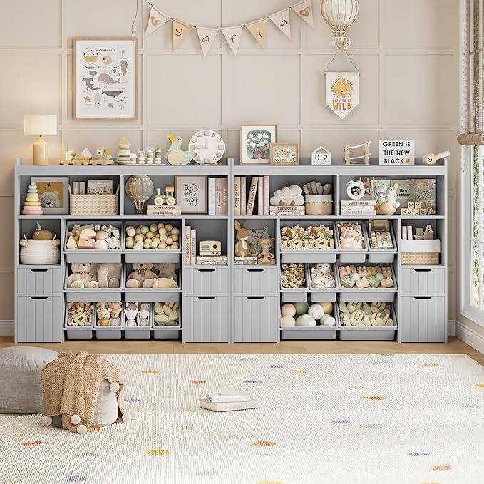 HORSTORS 55" W Toy Storage Organizer with Drawers, Large Kids Toy Storage Box with Removable Bins, Tall Kids Bookshelf and Bookcase for Boys and Girls, Modern Toy Chest for Playroom, Classroom, Grey