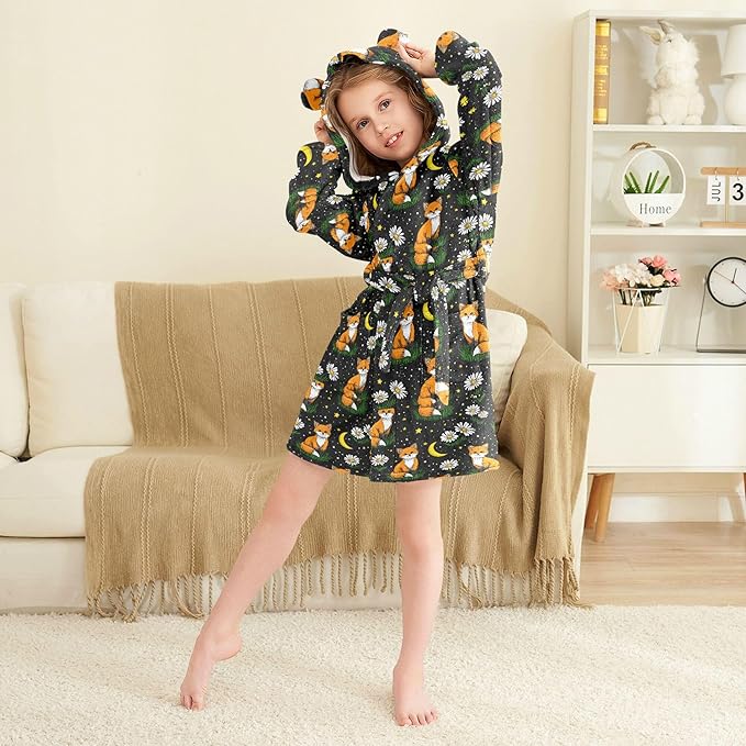 Fox Floral Cute Stars Bathrobe Hooded PJ Robe Soft Fleece Robe Pajama Sleepwears 2-12 Years