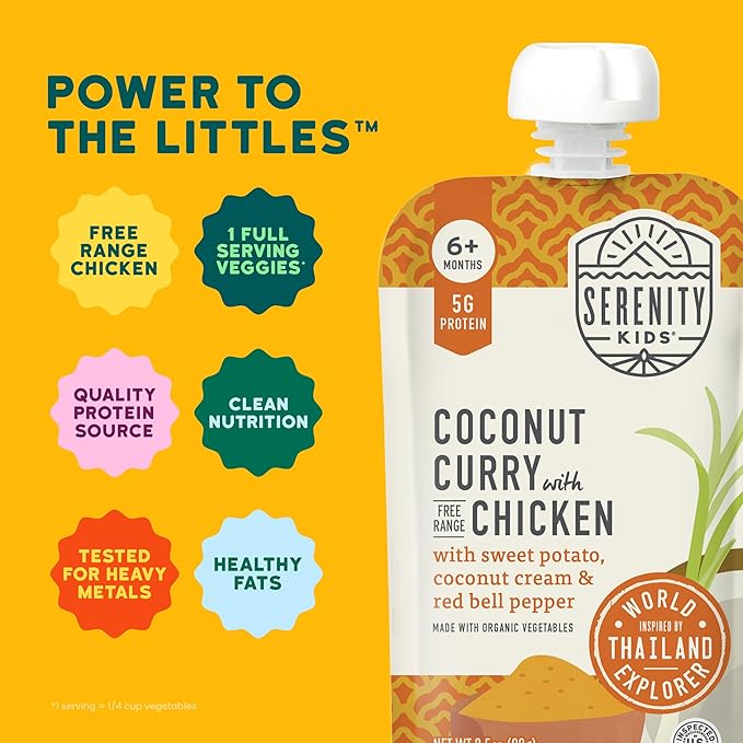Serenity Kids 6+ Months World Explorers Baby Food Pouches Puree Made With Ethically Sourced Meats & Organic Veggies | 3.5 Ounce BPA-Free Pouch | Chicken Coconut Curry | 1 Count