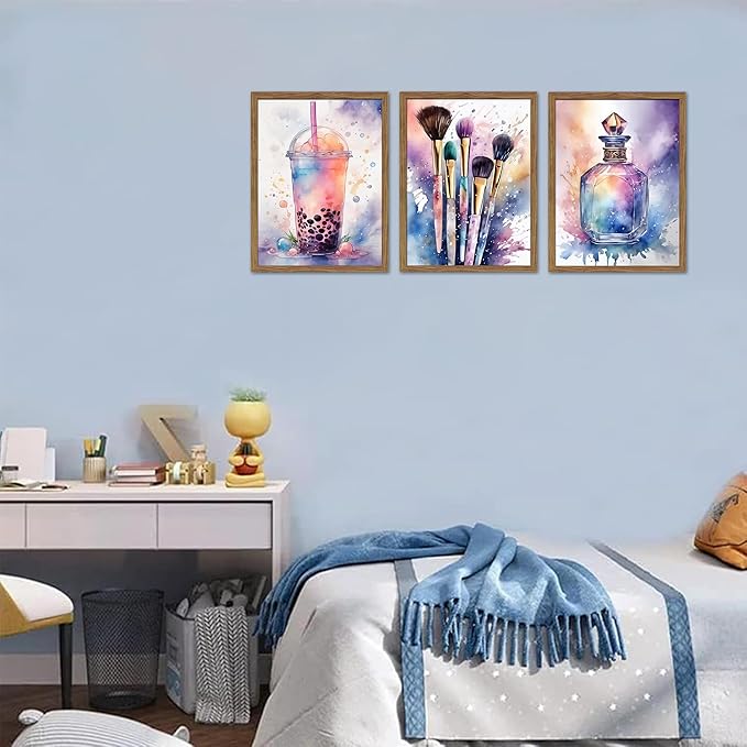 Framed Teen Girls Bedroom Wall Art Set of 3, Pink and Purple Splash Canvas Prints, Makeup Enthusiast Pictures Posters, Drinks Cosmetic Wall Decor for Teenage Girl Room Decor – 12x16 inch