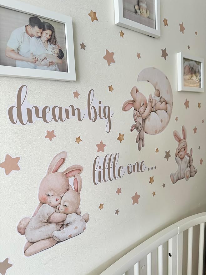 Nursery Wall Stickers, Baby Girl Room Decor, Bunny Wall Decal, Boho Toddler Decor, Beige Peel and Stick Animal Decals for Nursery or Girls Bedroom.