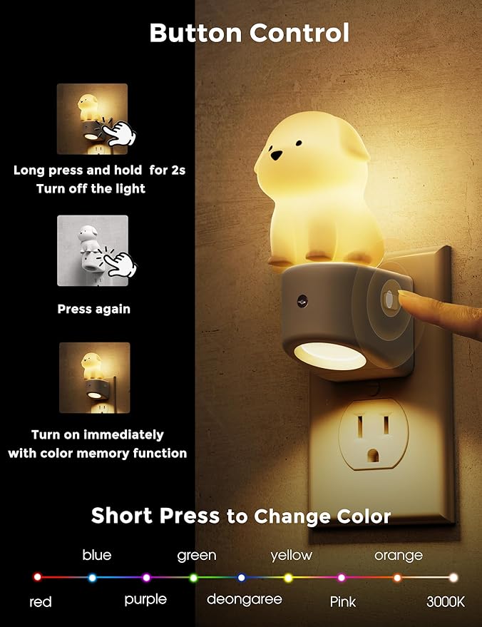 L LOHAS LED Plug in Night Light for Kids, 3D Cute Puppy Night Lights with Dusk to Dawn Sensor, RGB+Soft White 3000K Dog Night Light, Birthday Gift Nightlight for Kids, Room Decor