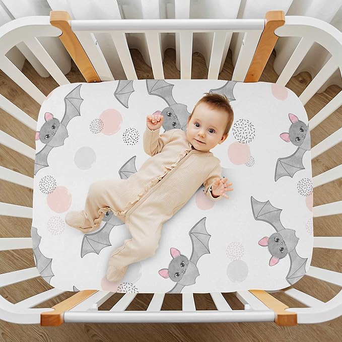 Halloween Cute Bats Crib Sheets Soft Breathable Fitted Baby Crib Sheets Mattress Cover for Girl Boys, 52" x 28" x 9"