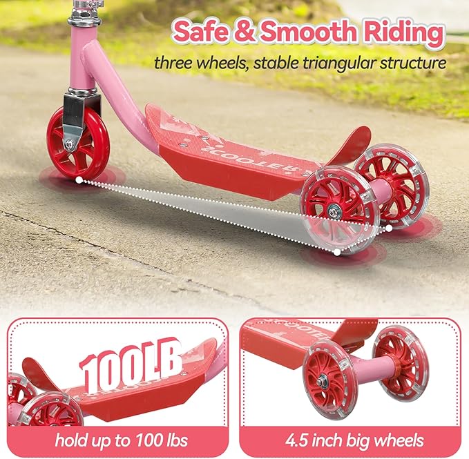 Toddler Scooter, Scooters for Kids Age 3-5, Boy Girl Gift 3-Wheel Kick Scooter with LED Light Up Wheels, Adjustable T-Bar Handle, Cute Deck, Safe Smooth Riding Outdoor, Max 100 lbs, Xmas Box Wrapped