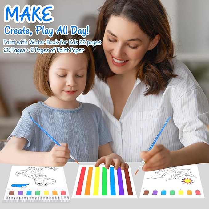 Paint with Water Coloring Books for Toddlers, Watercolor Painting Book and Drawing Art Paper for Kids Ages 3 4 5 6 7 8 Years Old, Dinosaurs Art Craft for Drawing with Brush