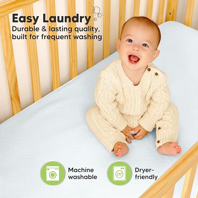 2-Pack Waterproof Crib Mattress Protector Cover Fitted - Quiet Baby Crib Mattress Pad Sheets, 52" x 28" Soft Quilted Cotton Baby Sheet, Machine Washable, Easy Fit, Durable (Glacier/Quin)