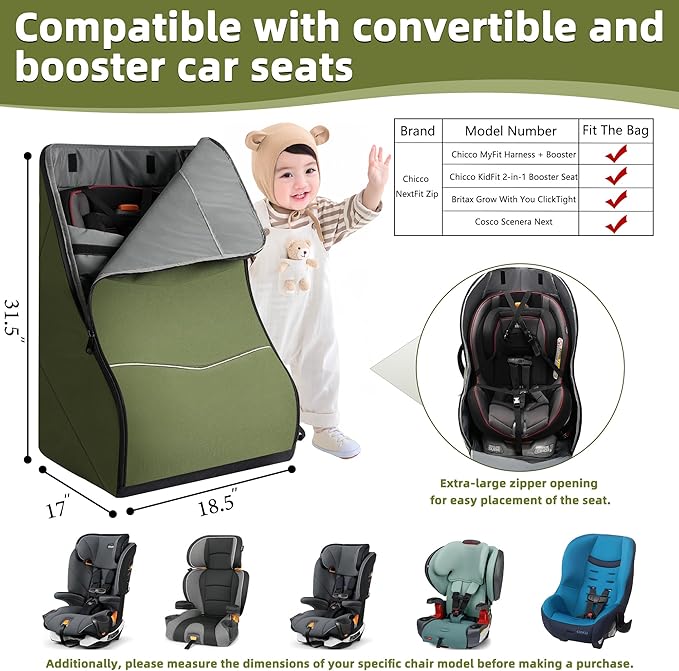 DerBiedersinn Car Seat Travel Bag for Airplane – Waterproof Heavy Duty Carseat Backpack for Gate Check or Airport Travel – Fits Infant, Convertible & Booster Seats, Army Green