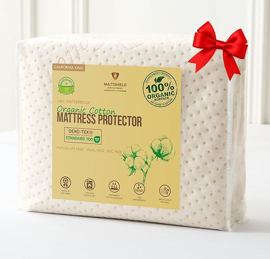 Luxury Waterproof Organic Mattress Protector Calif King - Organic Cotton Breathable Mattress Pad Cover - Premium 380 GSM Comfort - Deep Pocket - Jersey Cotton Skirt - Fitted Design