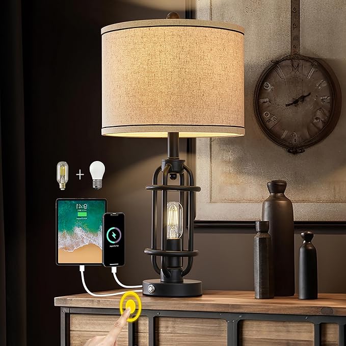 G-SAFAVA 23.75'' Industrial Black Metal Table Lamps Living Room Lamp for Nightstand Bedroom lamp Single Bedside End Side Table Lamps Home Decor Touch Lamp Modern Lamps with USB Ports, Bulbs Included