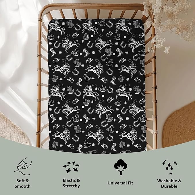 Black Western Cowboy Baby Crib Sheets for Boy Girl 52"x28" Cowboy Boots Hat Horse Cactus Soft Stretchy Fitted Crib Mattress Cover Wild West Desert Baby Sheet for Standard Crib and Toddler Mattress