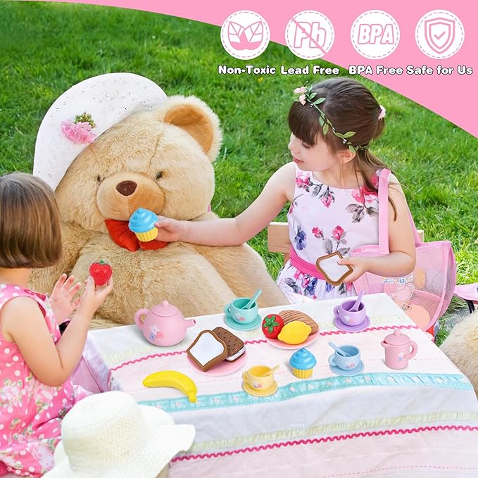 Silicone Tea Party Set for Little Girls,PRE-WORLD 27PCS Toys Toddler Tea Set with Play Food Dessert Cookies,Doughnut,Cake,Carrying Bag,Kids Kitchen Pretend Role Gifts for Girls Boys Age 3 4 5 6
