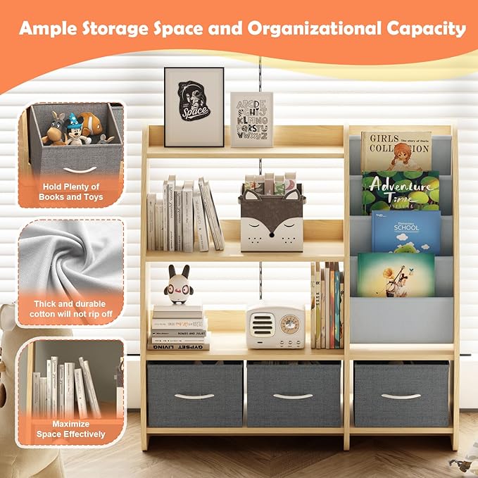 HedoAjim Kids Bookshelf Wood Toy Storage Organizer Cabinet Children Bookcase Toddler Baby Sling Book Rack 3 Cube Bins Sail Boat Arc Shape for Playroom Bedroom Nursery Classroom