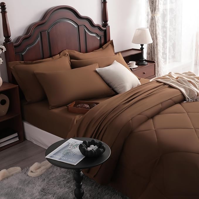 NTBAY Queen Comforter Set with Sheets, 7 Pieces Soft and Breathable Queen Bedding Set, Bed in a Bag, Down Alternative Comforter Set Solid Color All Season, Queen Bedding Set, Brown