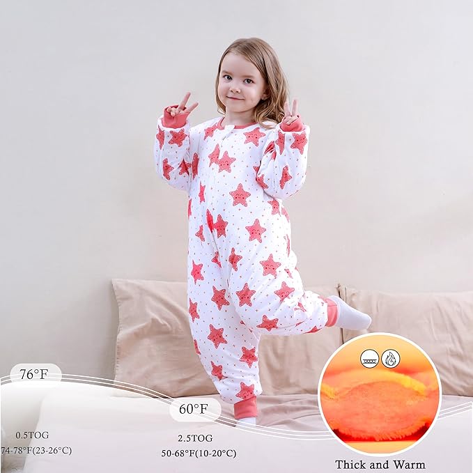 Toddler Sleep Sacks 2.5 TOG Winter Long Sleeve Sleep Sack with Legs 2-Way Zipper Baby Wearable Blanket