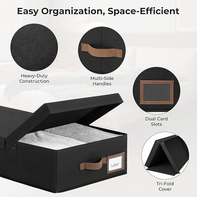 GRANNY SAYS 2 Pack Under Bed Storage, Underbed Organizer with Flid-Top Lid for Bedroom, Black Clothing Storage Bins for Blankets, Clothes, Shoes