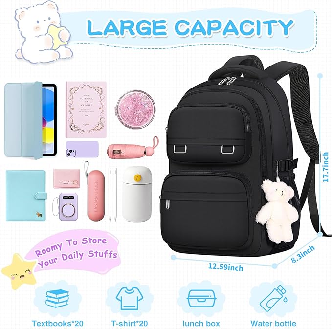 KBTYE School Backpack for Kids Girls Cute Travel Backapck for College Women Men Casual Laptop Bookbag for Teen Student(Black)