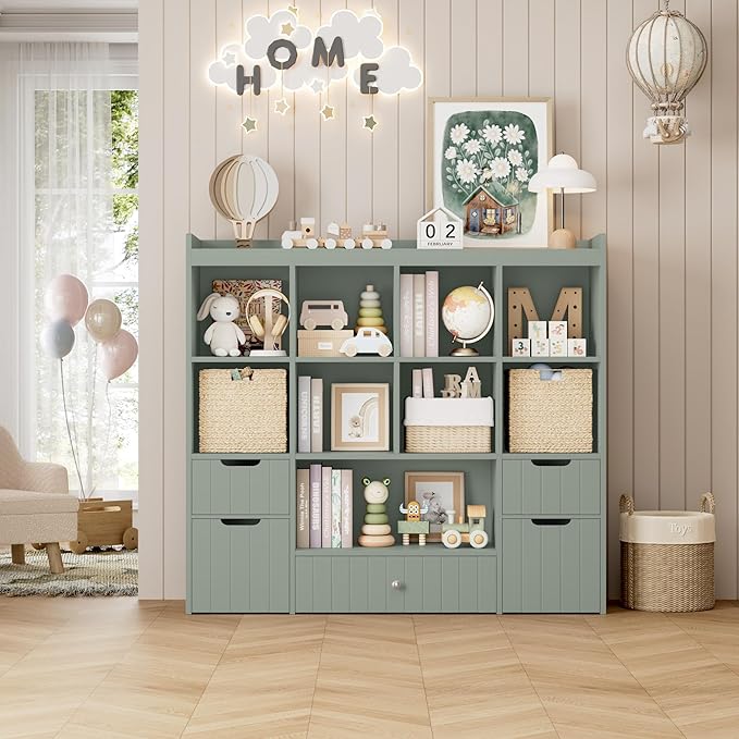HORSTORS 48" W Kids Toy Storage Organizer, Large Toy Storage Chest with Removable Bins, 46" H Kids Bookshelf and Bookcase with Drawers for Boys and Girls, Modern Toy Box for Playroom, Classroom, Green