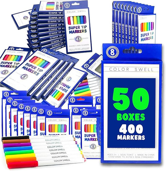 Color Swell Super Tip Washable Bulk Markers Pack 50 Boxes of 8 Vibrant Colors (400 Total Markers) Perfect for Kids, Parties, Classrooms