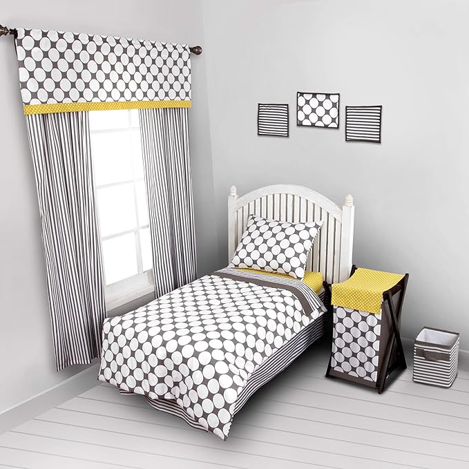 Bacati - Dots/pin Stripes Neutral Grey/Yellow 4 Pc Toddler Bedding Set 100 Percent Cotton Includes Reversible Comforter, Fitted Sheet, Top Sheet, and Pillow Case for Boys/Girls