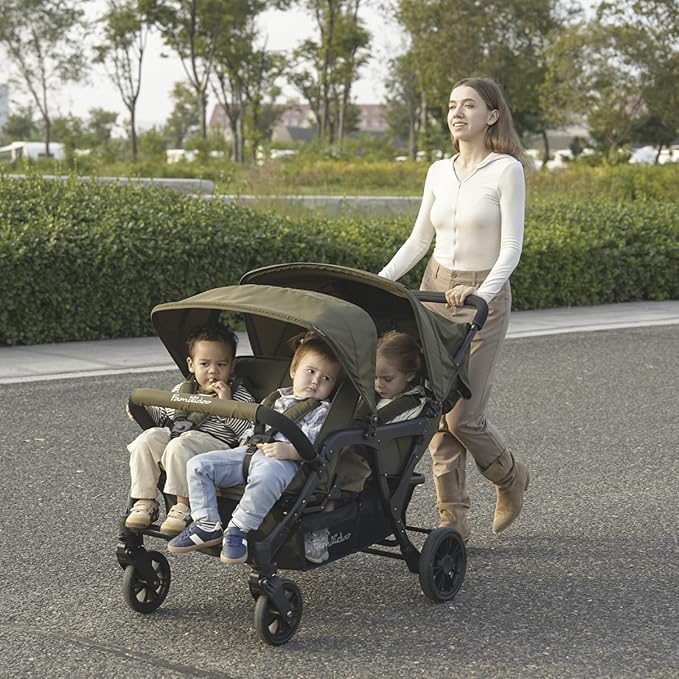 Familidoo H4E Quad Lidoo Lite 4-Seater Stroller Wagon for Kids, Lightweight & Foldable with Reclining Seats, 5-Point Harness, Double Canopy & Rain Cover (Olive)
