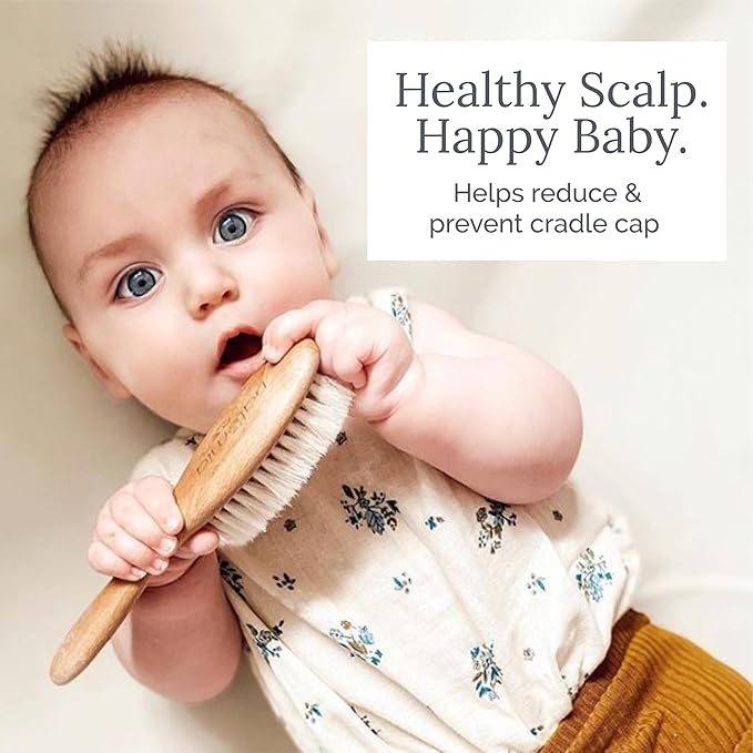 Natemia Wooden Baby Hair Brush & Comb Set - Pack of 3, Oval - Natural Goat Hair Bristles & Soft Bristle Brush - Gentle Scalp Massage & Cradle Cap Comb - For Newborns & Toddlers, Baby Grooming Kit