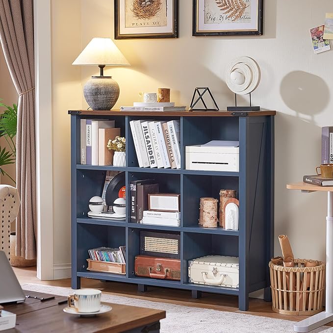 Joaxswe 9 Cube Bookcase, Farmhouse 47 Inch Wide Navy Blue Bookshelf, Wooden 3 Tier Display Large Open Book Shelf, Vintage Horizontal Book Case for Home Office, Cubby Storage Cabinet for Living Room