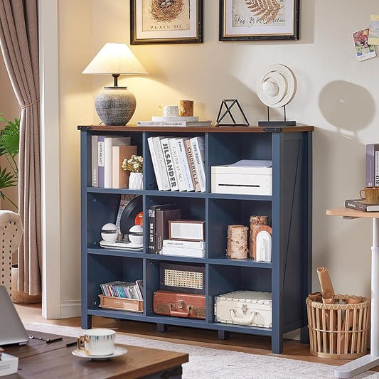 Joaxswe 9 Cube Bookcase, Farmhouse 47 Inch Wide Navy Blue Bookshelf, Wooden 3 Tier Display Large Open Book Shelf, Vintage Horizontal Book Case for Home Office, Cubby Storage Cabinet for Living Room