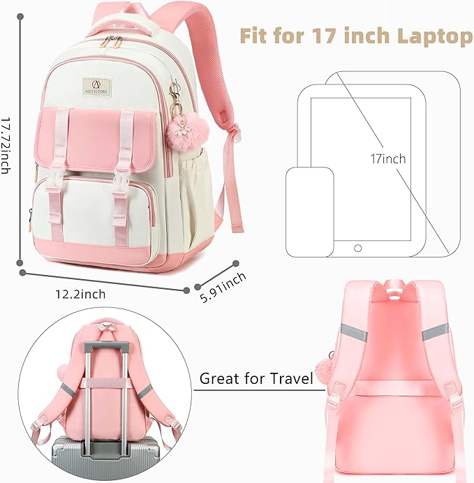 AO ALI VICTORY Laptop Backpack 16 Inch Kids Elementary Middle High School Bag College Backpacks Women Work Business Back Pack Travel Rucksack Large Bookbag for Teens Girls Womens Students,Pink