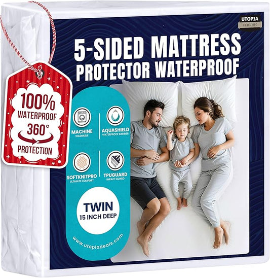 Utopia Bedding Waterproof 5-Sided Mattress Protector Twin Size, Premium Breathable Mattress Cover, Fitted Style with Stretchable Pockets (White)