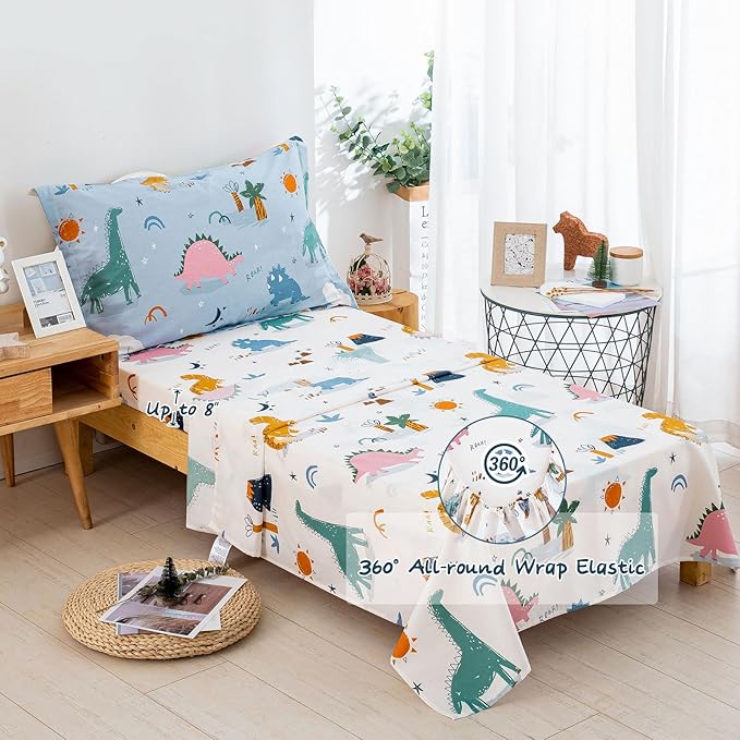 DJY 4 Pieces Cotton Toddler Bedding Set, Dinosaur Toddler Bed Comforter Set for Boys Girls, Includes Blue White Reversible Comforter, Flat Sheet, Fitted Sheet and Pillowcase
