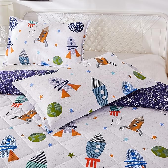 Brandream Kids Space Bedding Set Boy Girl Cotton Comforter Set Space Rocket Galaxy Bedroom 3-Piece Full Size