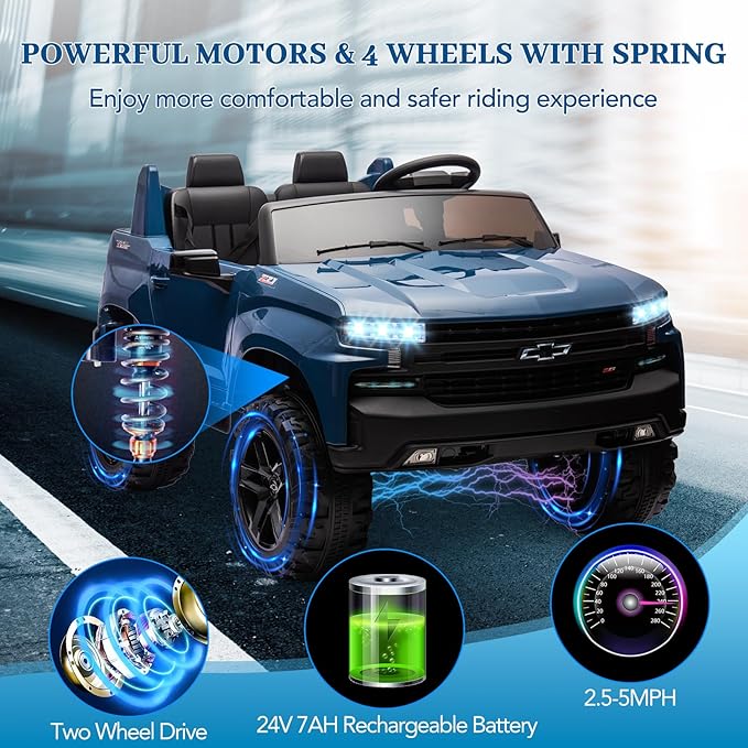 GarveeLife 24V 2-Seater Truck Licensed Chevrolet Silverado Ride On Car Kids Toy, Electric Vehicle Car for Toddlers with Parent Remote Control, Blue