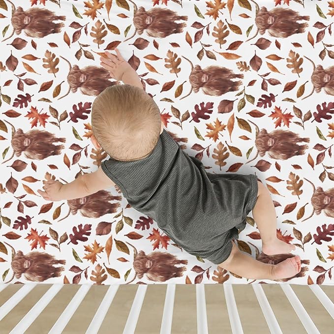 Autumn Highland Cow Fall Leaves Baby Crib Sheets for Boy Girl 28"x52" Yak Maple Leaves Soft Snug Fitted Crib Mattress Cover Thanksgiving Farm Animal Baby Sheet for Standard Crib & Toddler Bed Mattress
