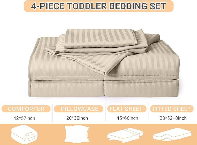 ZPECC Toddler Bedding Set - 4 Piece Hypoallergenic Baby Crib Bedding Set for Boys and Girls, Includes Toddler Comforter, Flat Sheet, Fitted Sheet and Pillowcase, Cream Stripe
