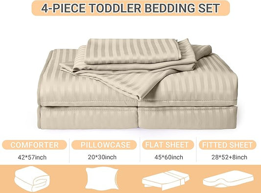 ZPECC Toddler Bedding Set - 4 Piece Hypoallergenic Baby Crib Bedding Set for Boys and Girls, Includes Toddler Comforter, Flat Sheet, Fitted Sheet and Pillowcase, Cream Stripe